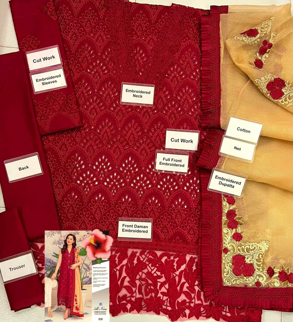 Zarqash Luxury Collection: Elegant Chikankari Embroidered Cotton Net Suit in Red