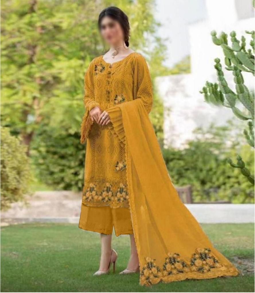 Zarqash Chicken Kari Collection: Embroidered Cotton Suit with Chiffon Dupatta