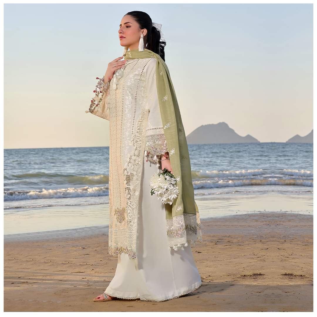 Flossie Luxury Collection 2025: Elegant Chikan Kari Embroidered Lawn Suit with Chiffon Dupatta
