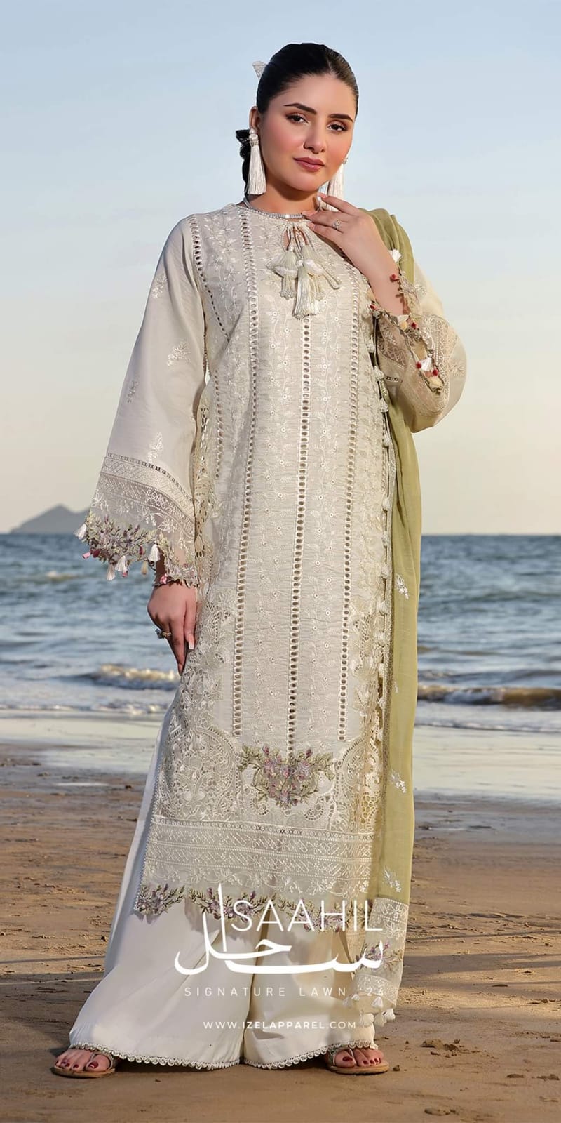 Flossie Luxury Collection 2025: Elegant Chikan Kari Embroidered Lawn Suit with Chiffon Dupatta