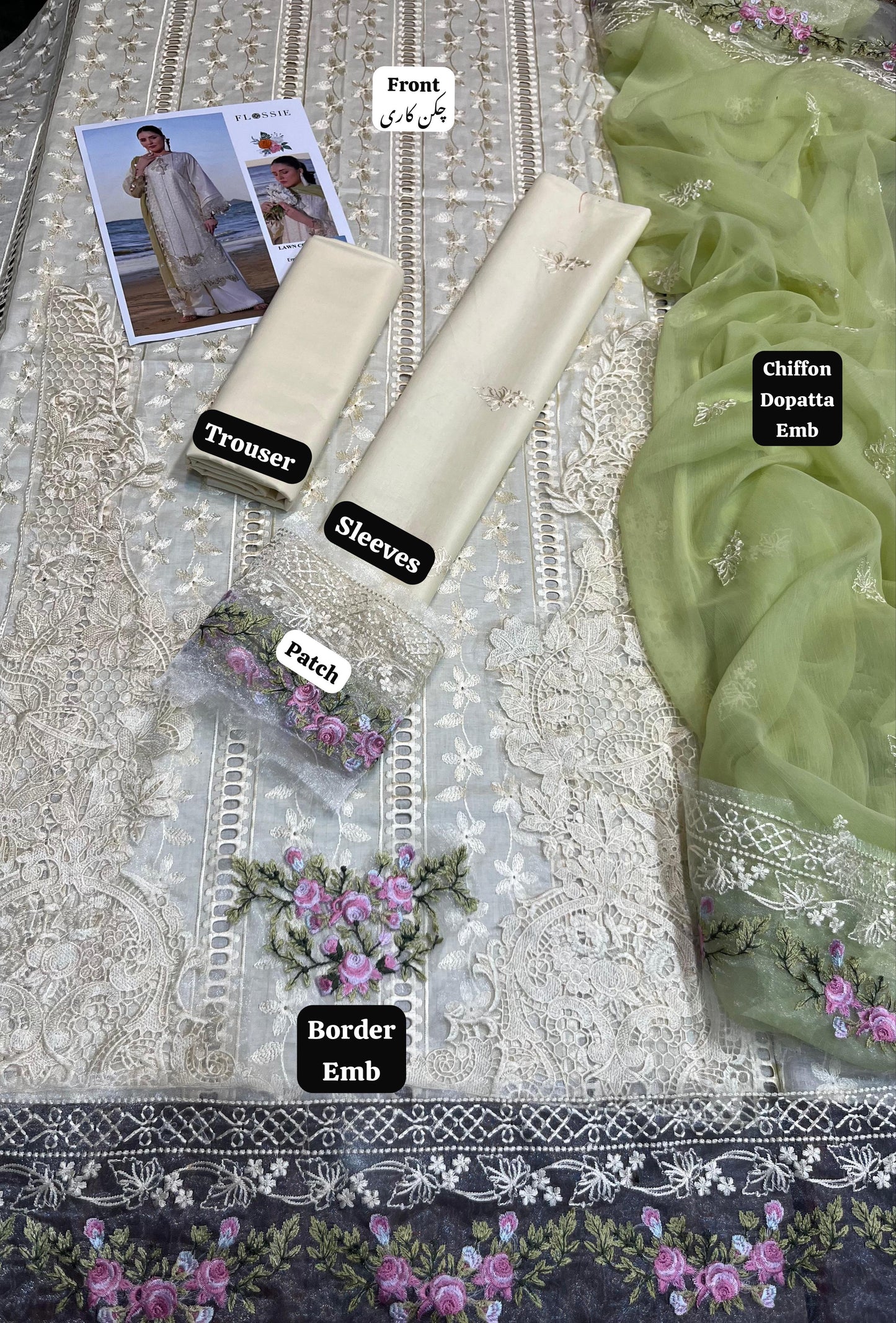 Flossie Luxury Collection 2025: Elegant Chikan Kari Embroidered Lawn Suit with Chiffon Dupatta