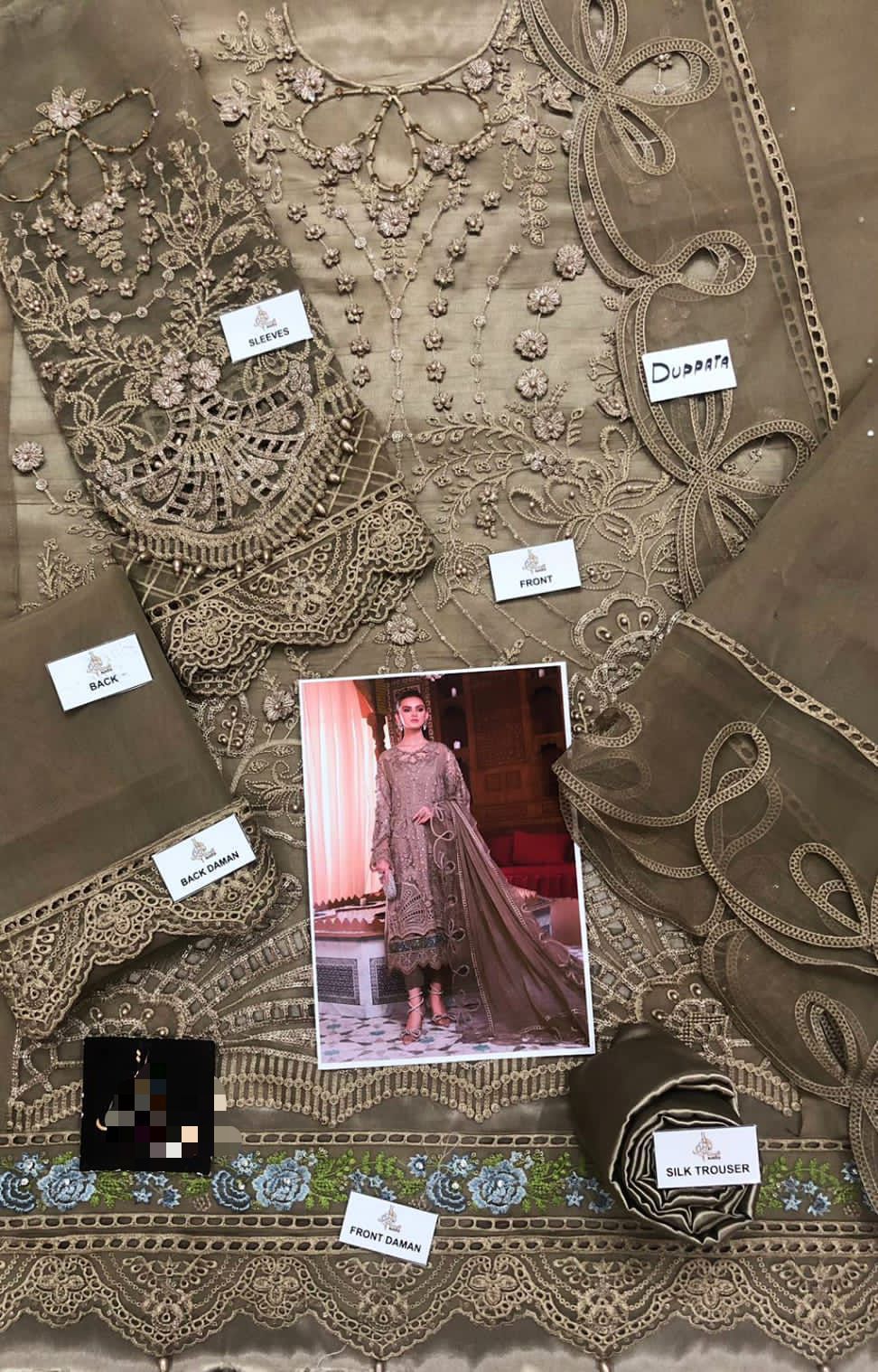 MARIA.B Wedding Luxury Collection: Embroidered Organza Shirt with Silk Trouser & Cutwork Dupatta