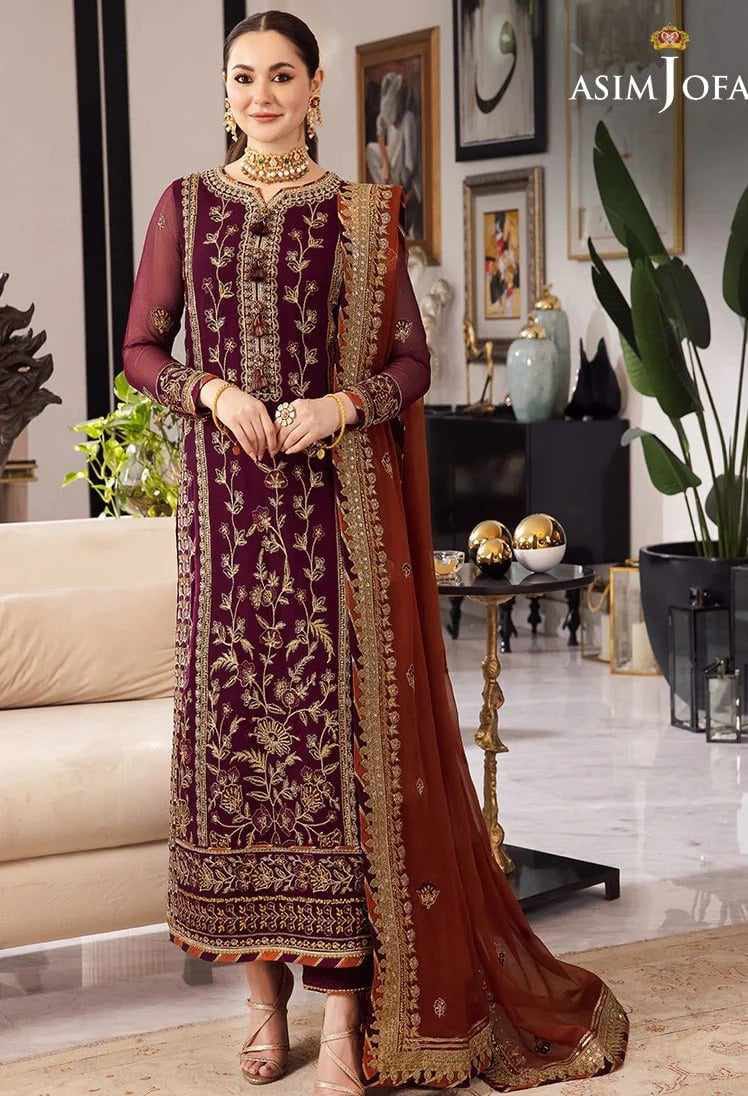 Asim Jofa Luxury Collection: Embroidered Chiffon Suit with Malai Trouser and Dupatta