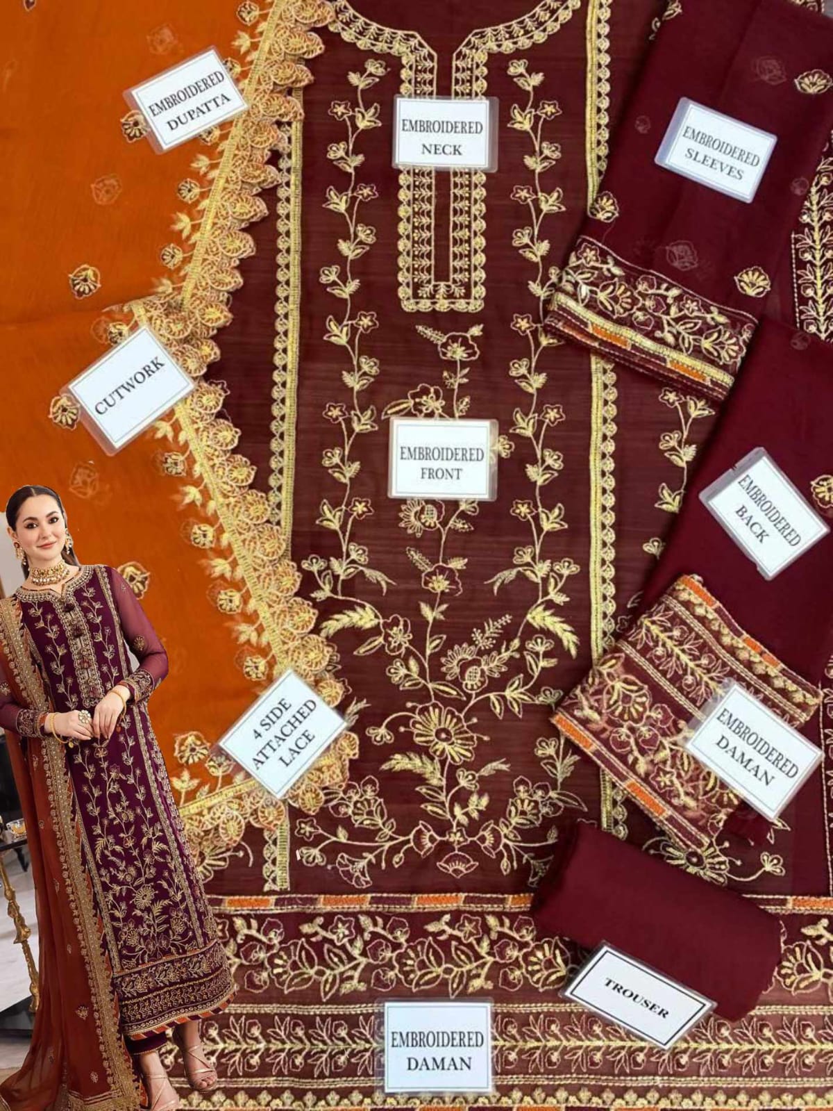 Asim Jofa Luxury Collection: Embroidered Chiffon Suit with Malai Trouser and Dupatta