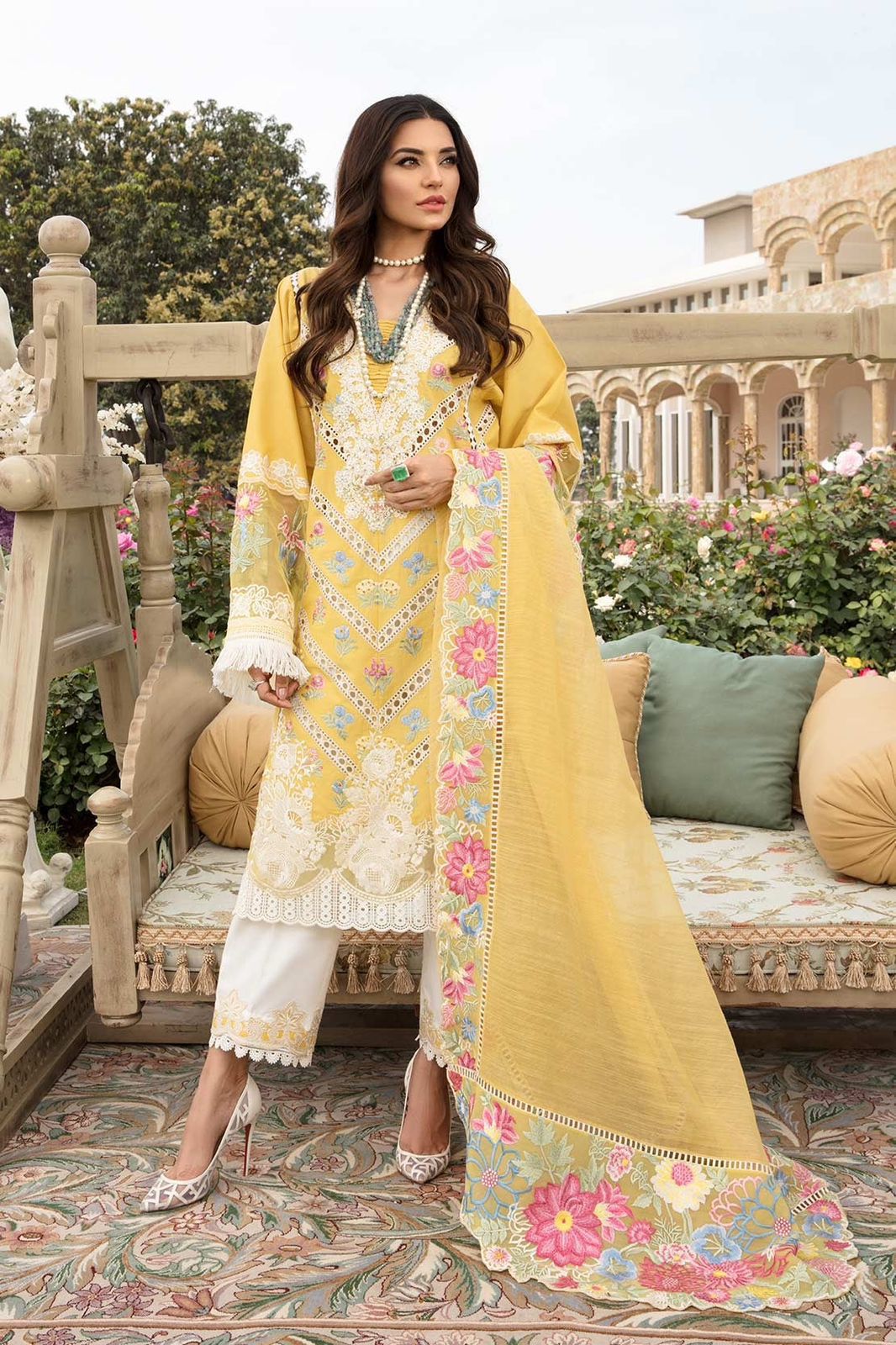 Crimson Luxury Chickenkari Collection: Elegant Embroidered Cotton and Organza Set