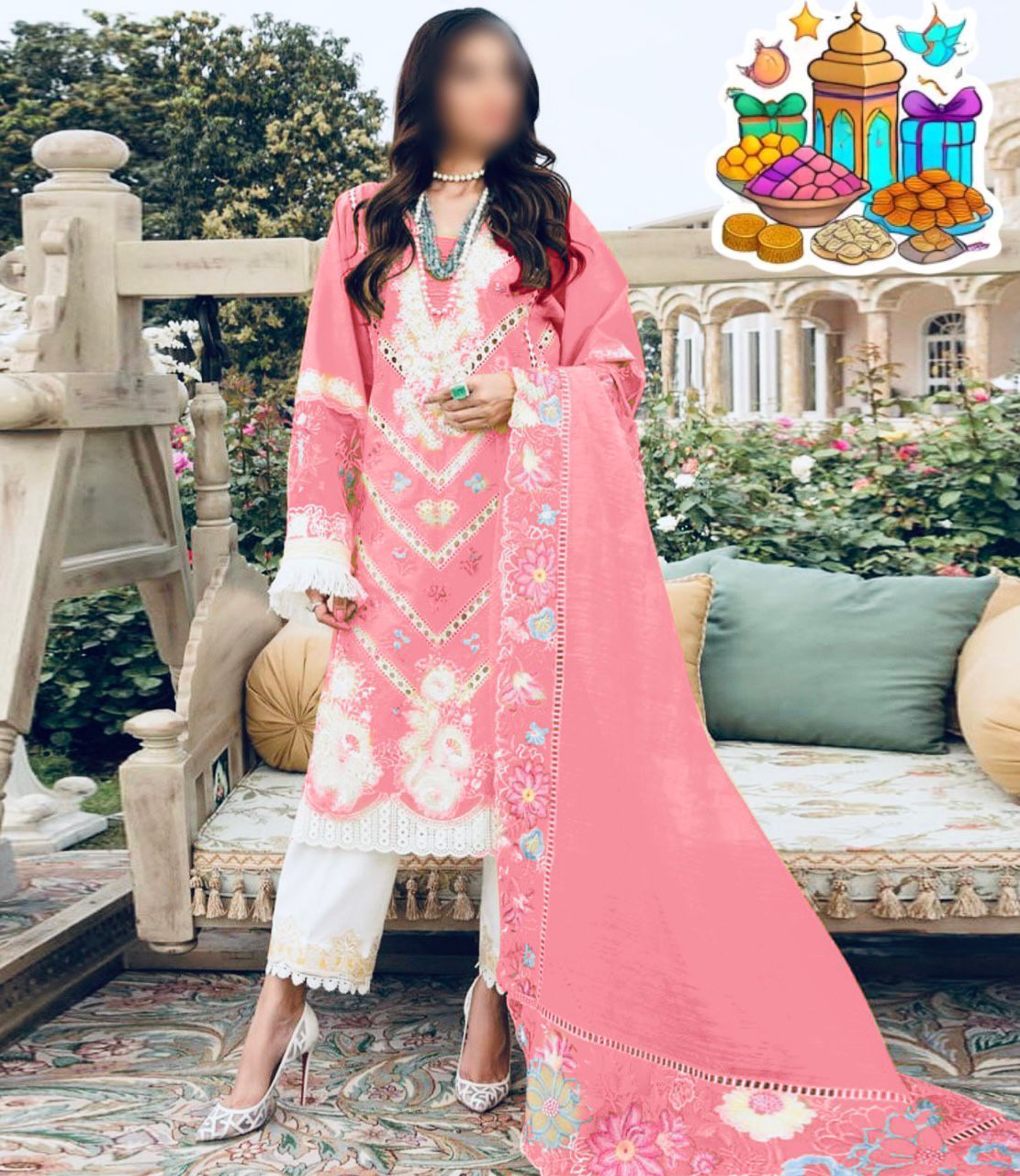 Crimson Luxury Chickenkari Collection: Elegant Embroidered Cotton and Organza Set