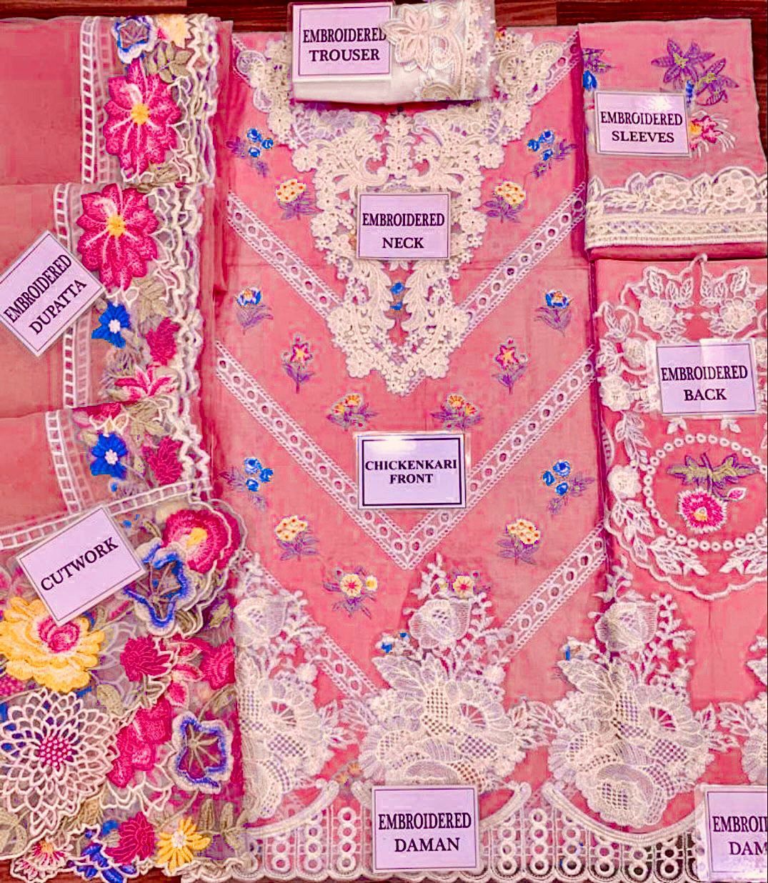 Crimson Luxury Chickenkari Collection: Elegant Embroidered Cotton and Organza Set