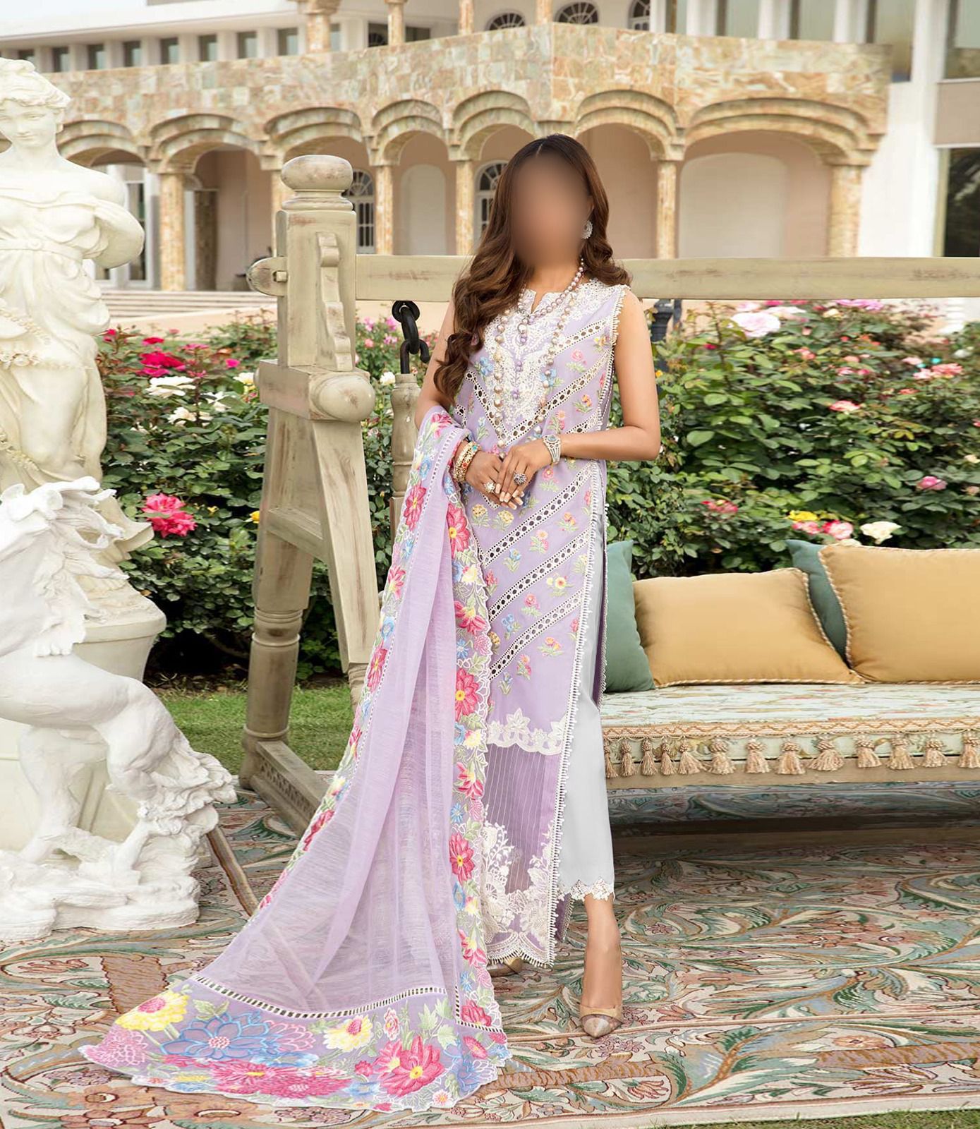 Crimson Luxury Chickenkari Collection: Elegant Embroidered Cotton and Organza Set