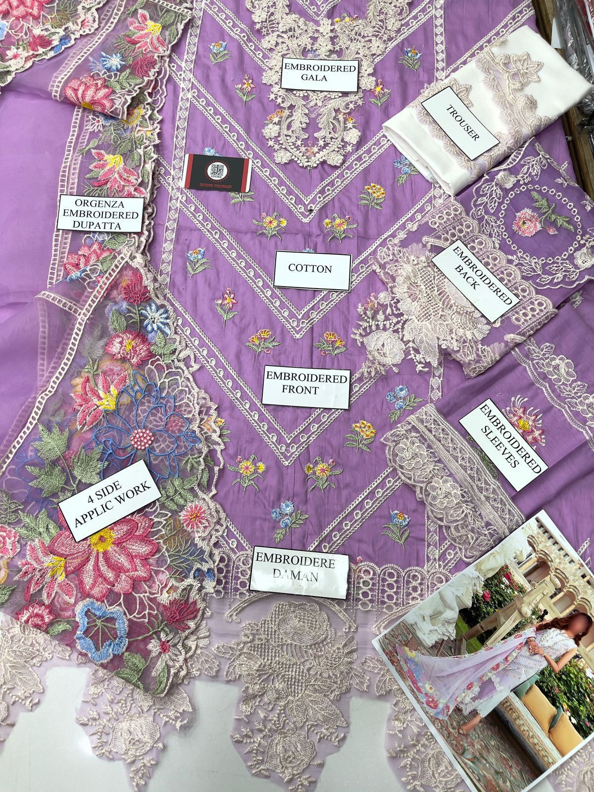 Crimson Luxury Chickenkari Collection: Elegant Embroidered Cotton and Organza Set