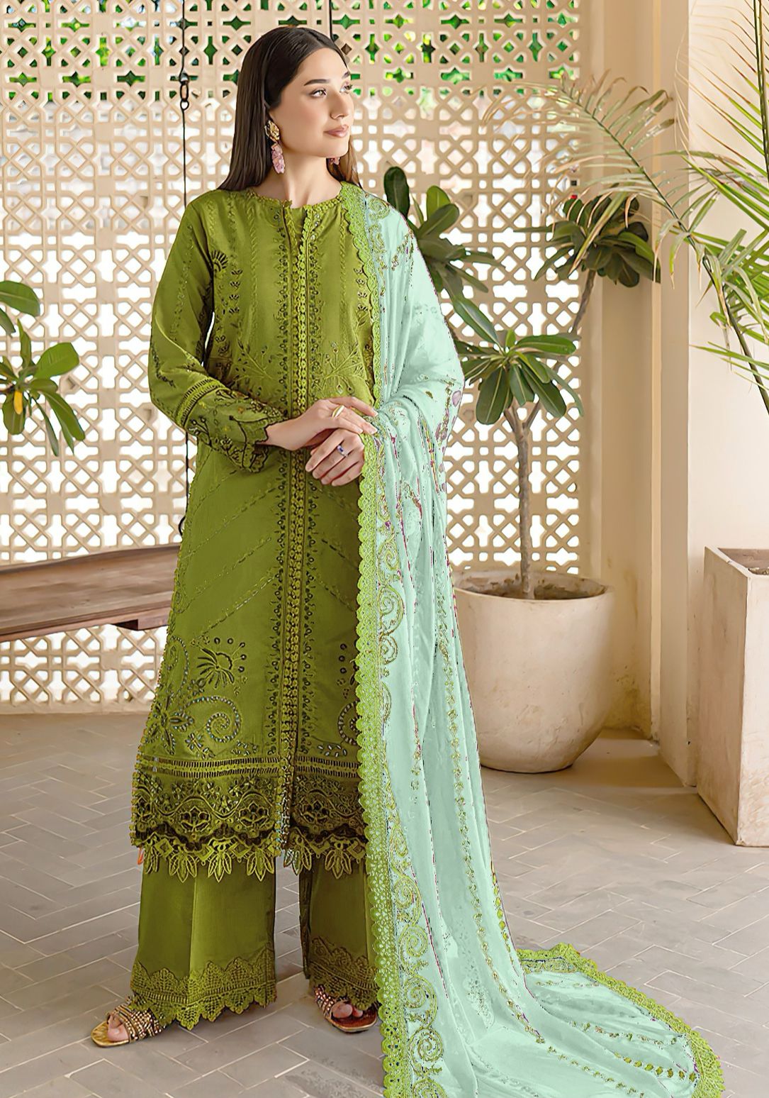 Premium Lawn Suit 3-Piece Set: Embroidered Shirt, Trouser & Ready-to-Wear Chiffon Dupatta