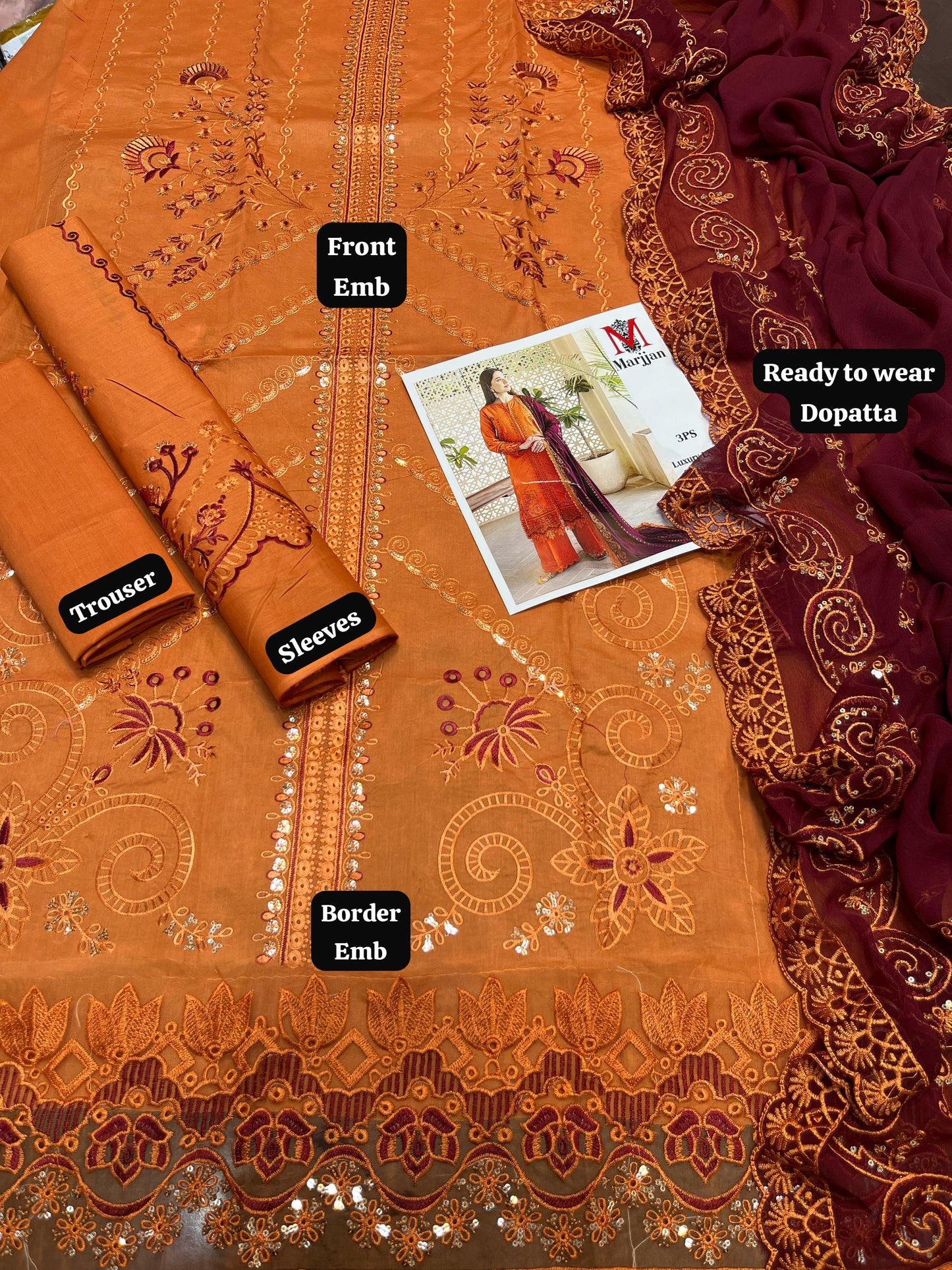 Premium Lawn Suit 3-Piece Set: Embroidered Shirt, Trouser & Ready-to-Wear Chiffon Dupatta