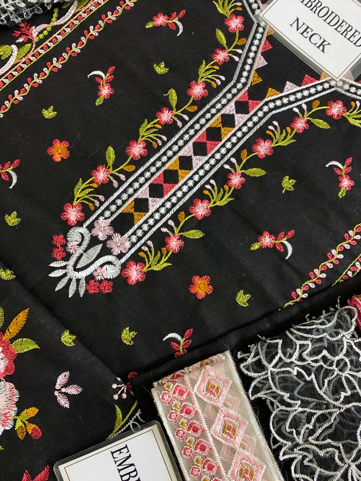 QALAMK Cotton Collection: Heavy Embroidered Shirt, Khaddi Net Dupatta & Dyed Cotton Trouser