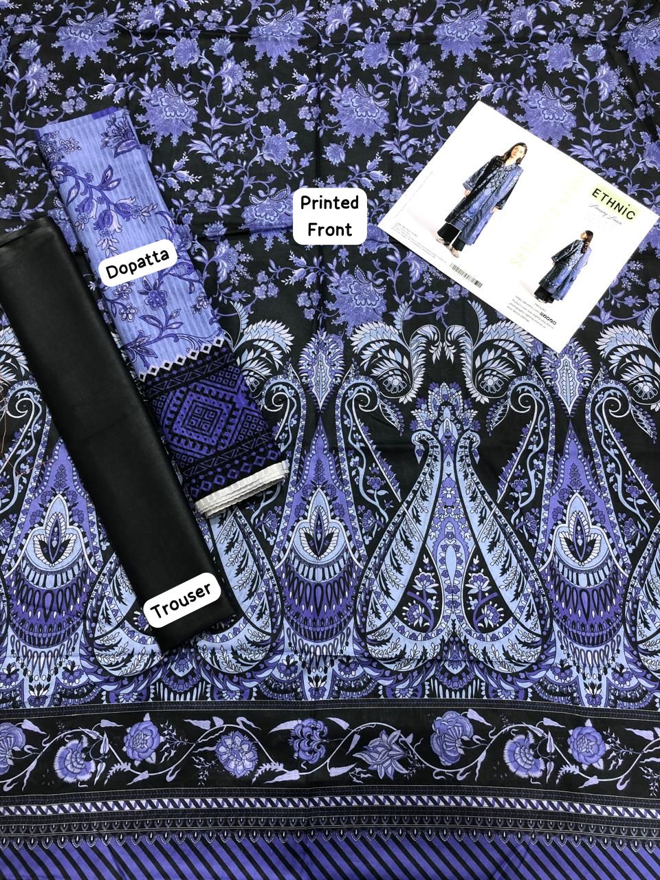 Ethnic by Outfitters 2K25 Summer Collection: Digital Lawn Suit with Printed Diamond Doria Dupatta
