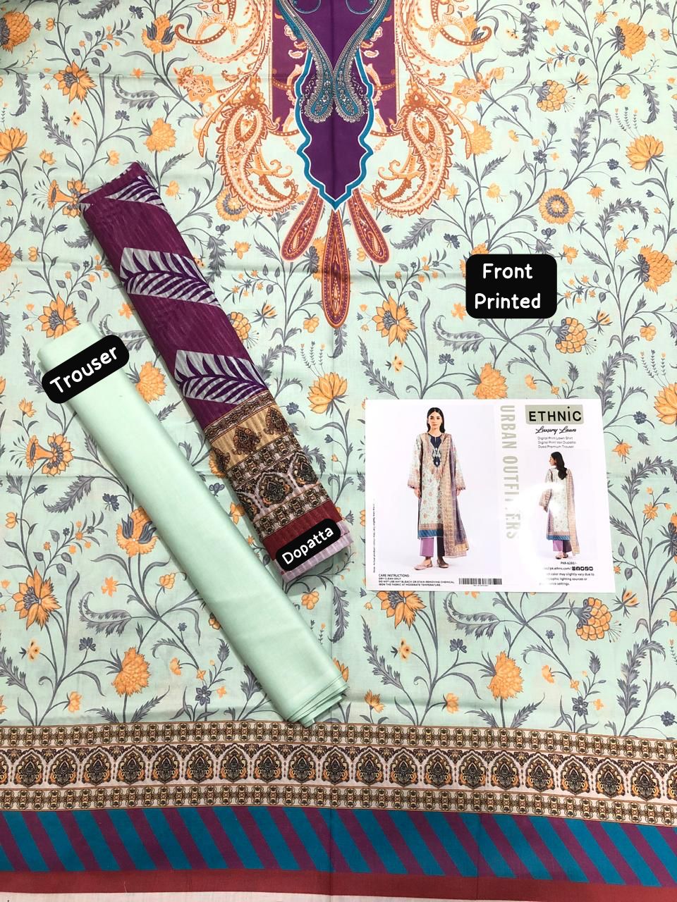 Ethnic by Outfitters 2K25 Summer Collection: Digital Lawn Suit with Printed Diamond Doria Dupatta