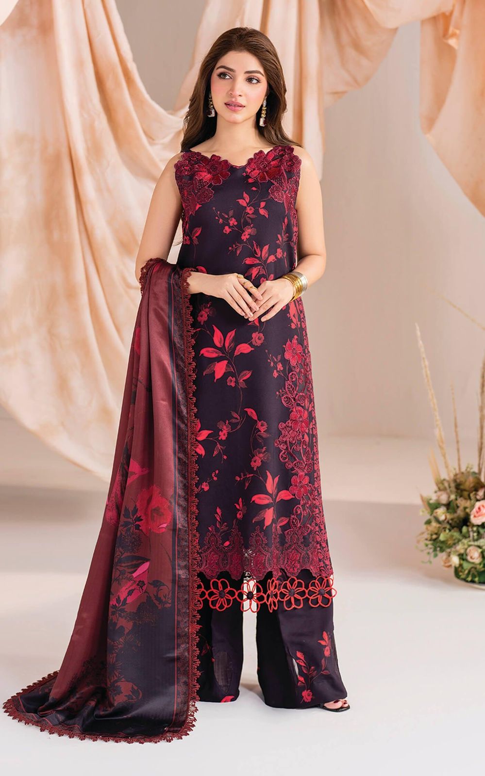 ASIFA NABEEL New Catalog: Printed Lawn Suit with Heavy Embroidered Details & Chiffon Dupatta