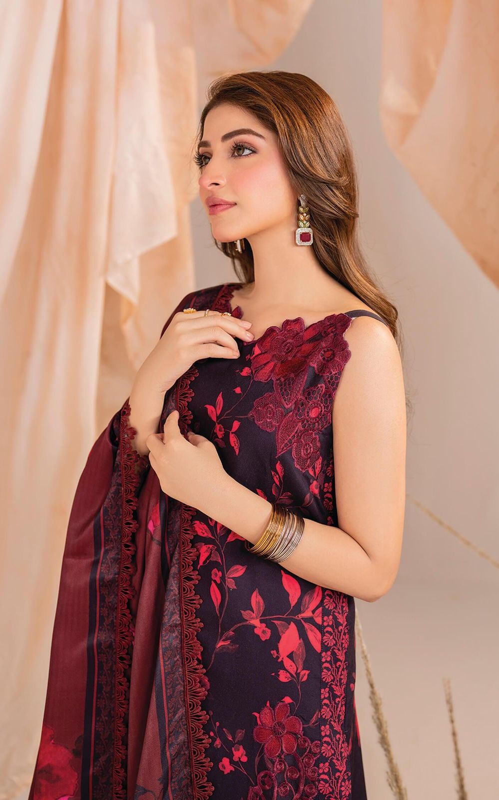 ASIFA NABEEL New Catalog: Printed Lawn Suit with Heavy Embroidered Details & Chiffon Dupatta