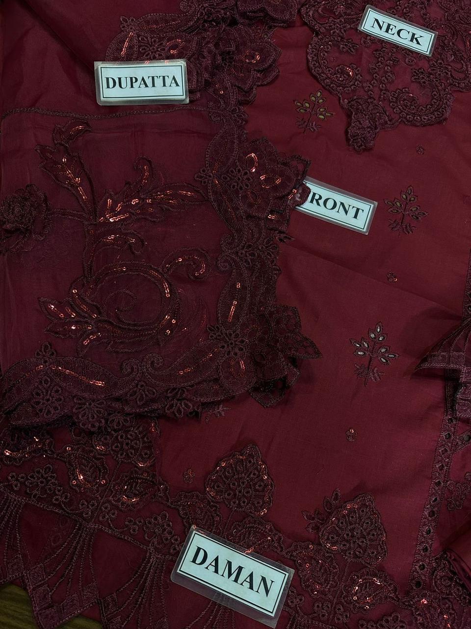QALAMKAR Unstitch Replica: Lawn Cotton Suit with Organza Dupatta & Chikan Kari Work