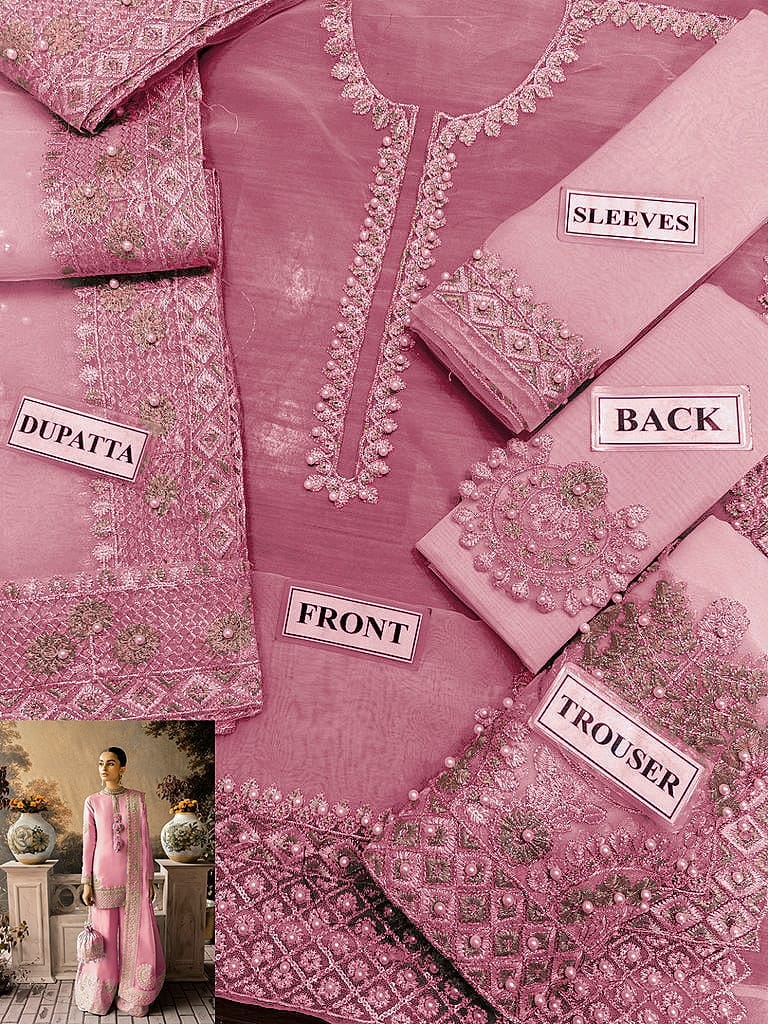 LAAM Organza Suit: Heavy Embroidery with Malai Trouser & Dupatta
