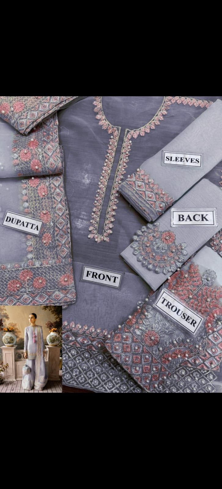 LAAM Organza Suit: Heavy Embroidery with Malai Trouser & Dupatta