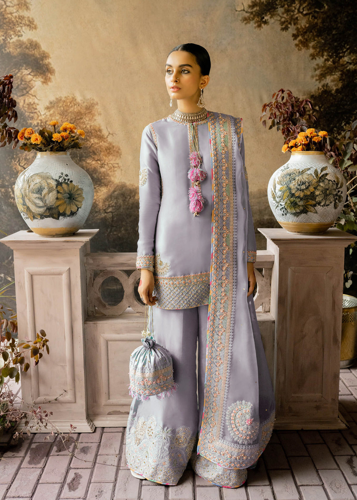 LAAM Organza Suit: Heavy Embroidery with Malai Trouser & Dupatta