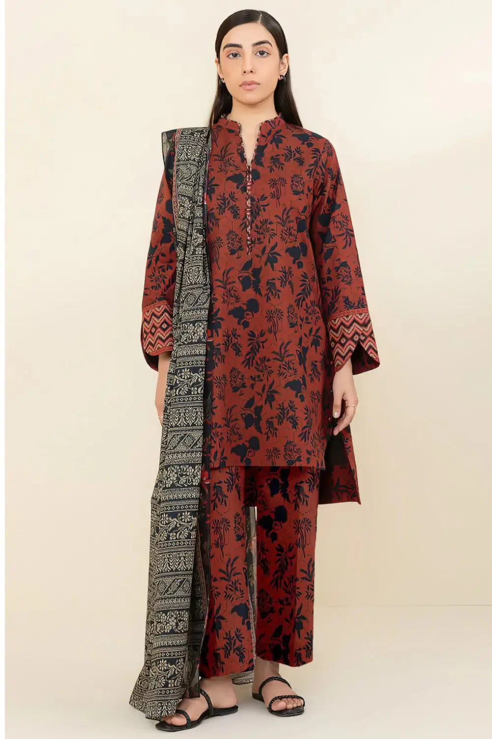 3-Piece Unstitched Suit with 4-Side Printed Dopatta
