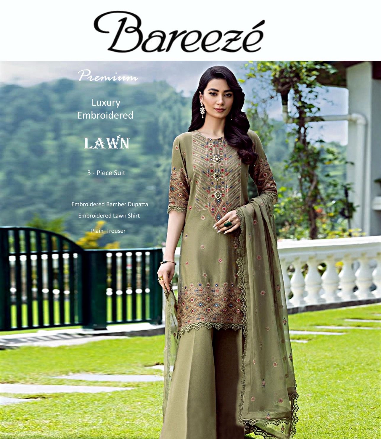 Bareeze 2K25 Summer Collection: Elegant Embroidered Lawn Suit with Chiffon Dupatta