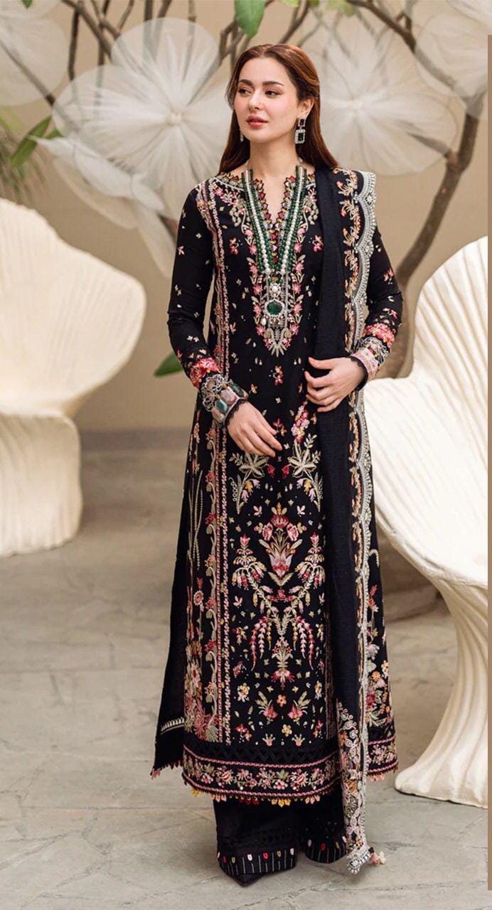QALAMK Cotton Collection: Heavy Embroidered Shirt, Khaddi Net Dupatta & Dyed Cotton Trouser