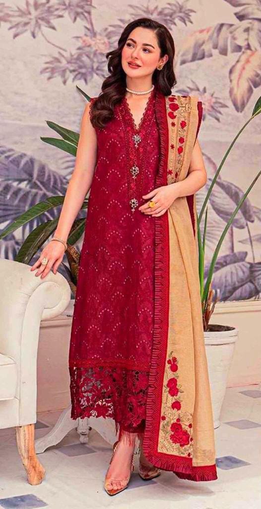 Zarqash Luxury Collection: Elegant Chikankari Embroidered Cotton Net Suit in Red