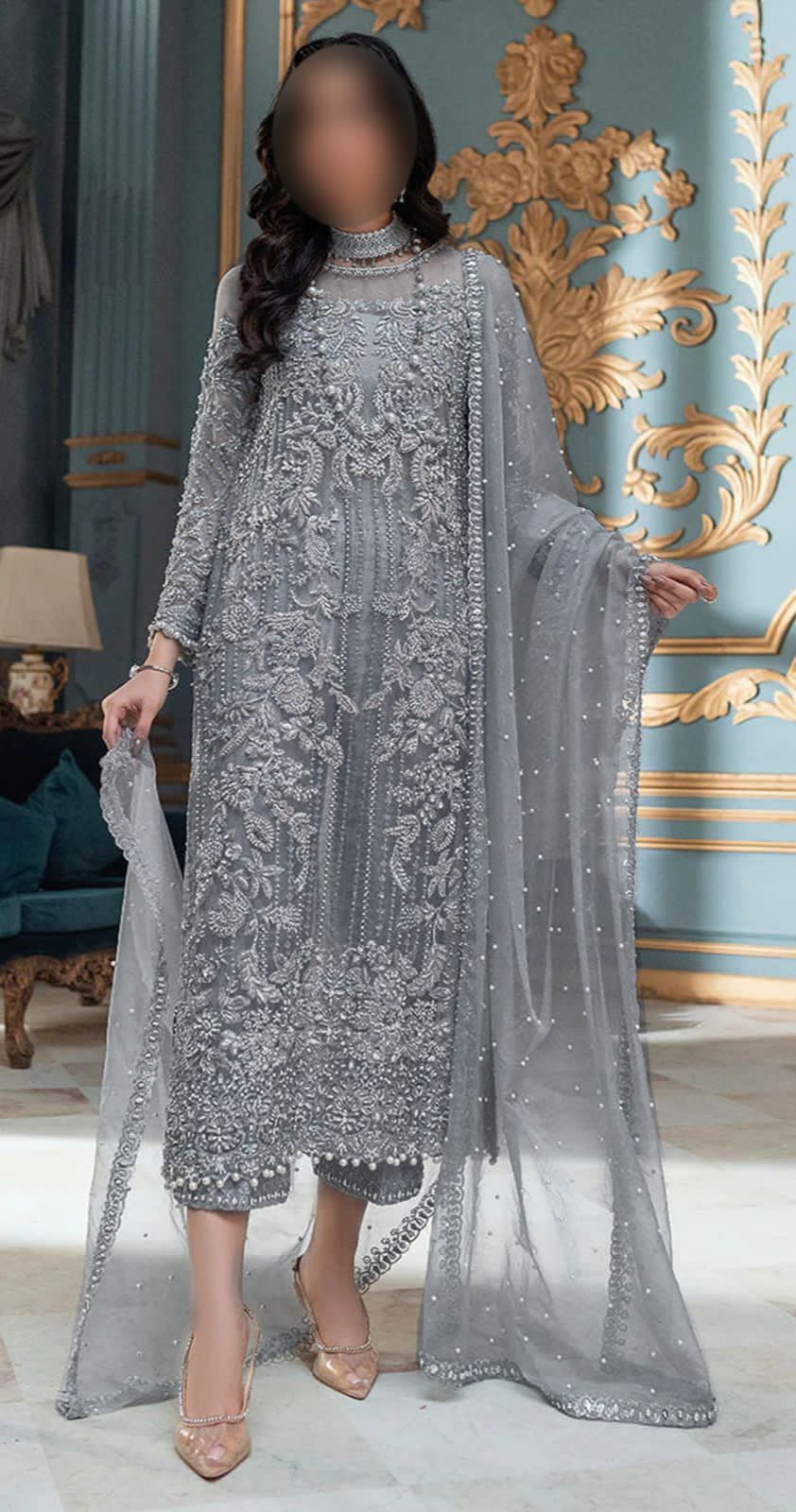 LAAM Luxury Collection: Embroidered Net Suit with Satin Silk and Tussle-Trimmed Dupatta