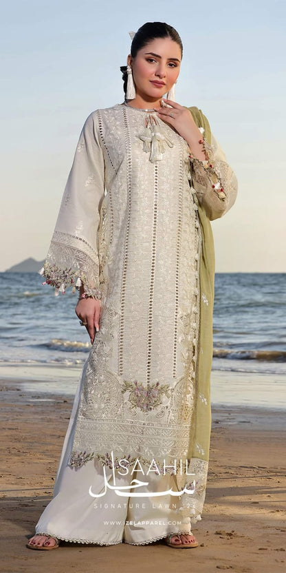 Flossie Luxury Collection 2025: Elegant Chikan Kari Embroidered Lawn Suit with Chiffon Dupatta