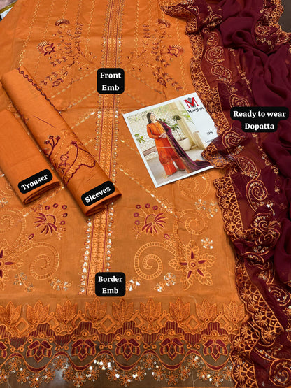 Premium Lawn Suit 3-Piece Set: Embroidered Shirt, Trouser & Ready-to-Wear Chiffon Dupatta