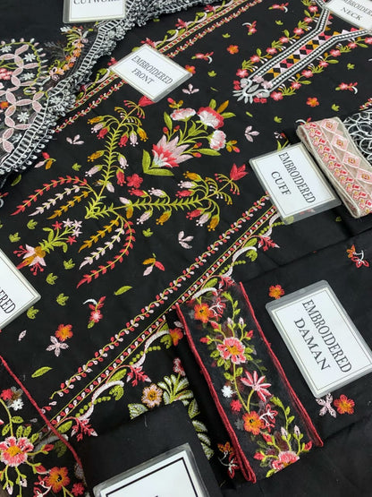 QALAMK Cotton Collection: Heavy Embroidered Shirt, Khaddi Net Dupatta & Dyed Cotton Trouser