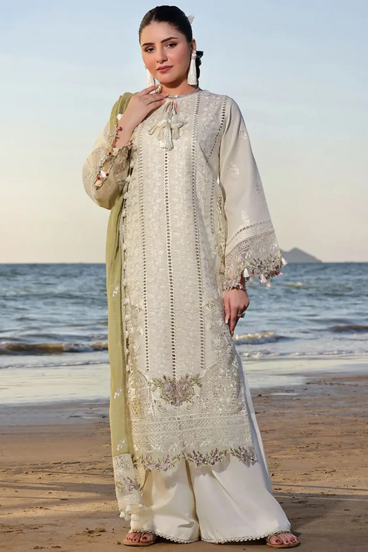 Flossie Luxury Collection 2025: Elegant Chikan Kari Embroidered Lawn Suit with Chiffon Dupatta