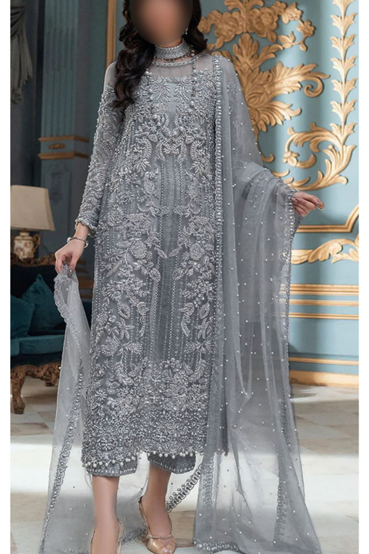 LAAM Luxury Collection: Embroidered Net Suit with Satin Silk and Tussle-Trimmed Dupatta