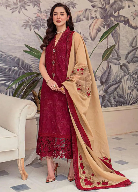 Zarqash Luxury Collection: Elegant Chikankari Embroidered Cotton Net Suit in Red